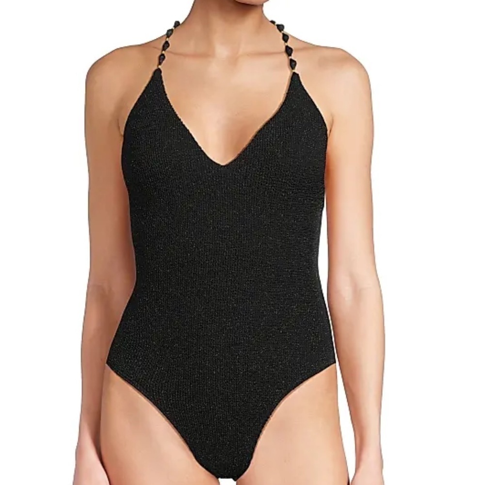 MILLY Women's Cannes Beaded Shimmer One-Piece Swimsuit Black Gold M NWT